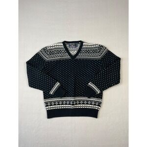 Vintage American Living Sweater Womens M Blue Nordic Geometric V Neck Pullover